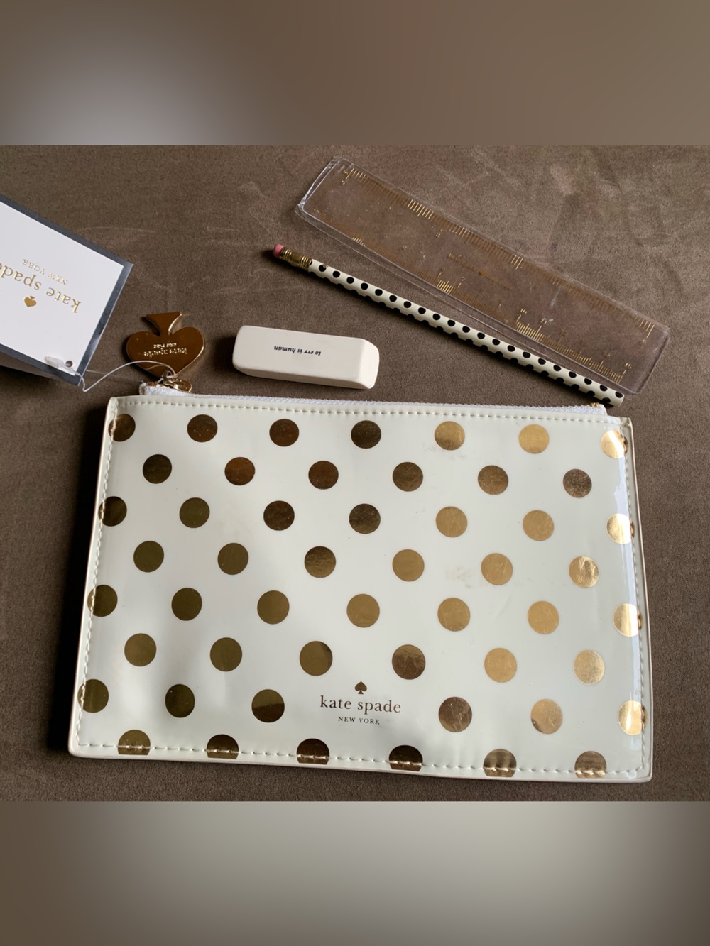 Kate Spade Pencil Case with Gold Polka Dots EUC